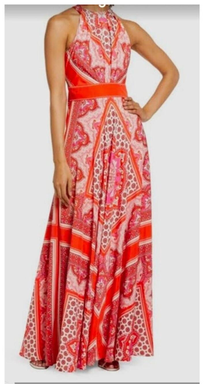 Eliza J Red and Pink Paisley Scarf Print Halter Maxi Dress